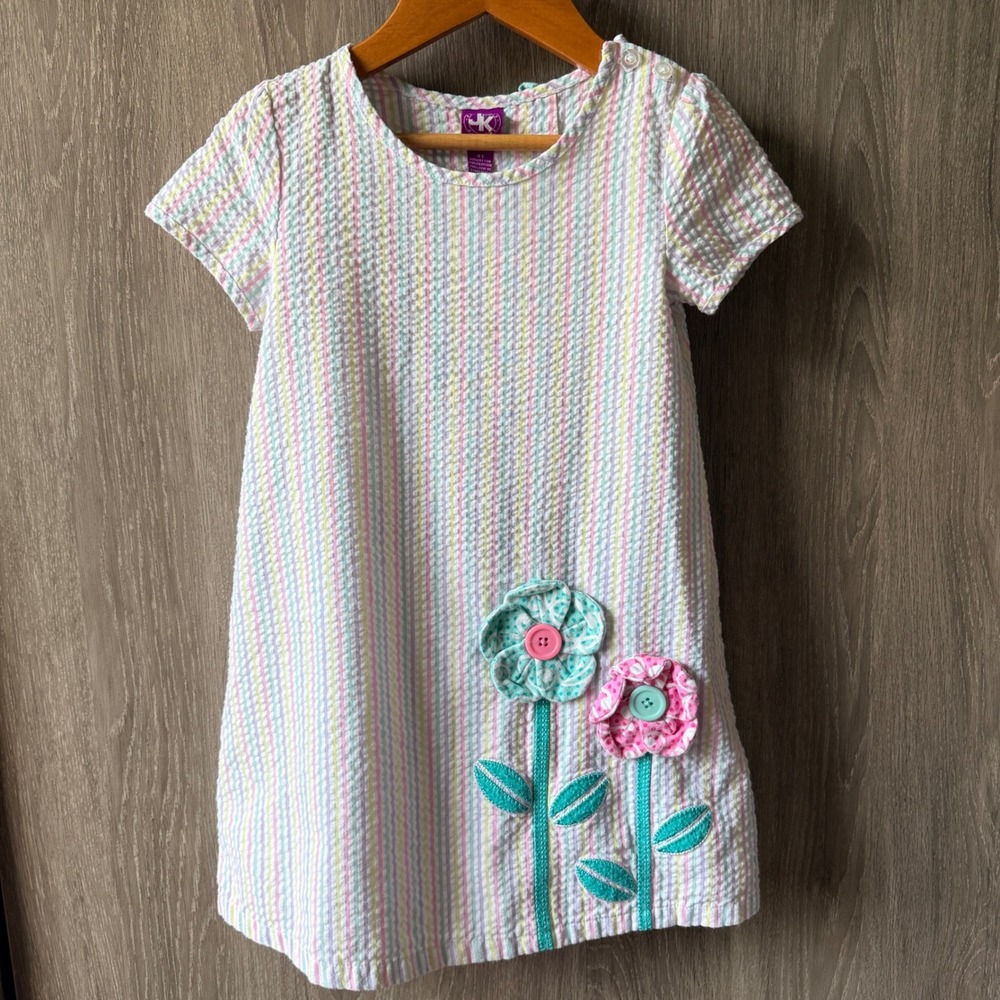 J Khaki Seersucker Dress Girls 4T Multicolor Pastel Stripe Floral Bow Preppy